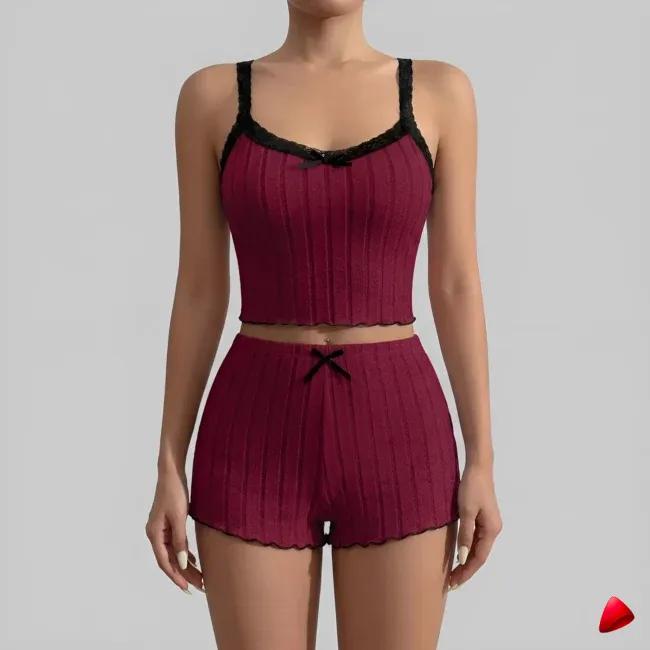 Ensemble Pyjama Travesti Côtelé Cami Dentelle + Short Lettuce — image principale