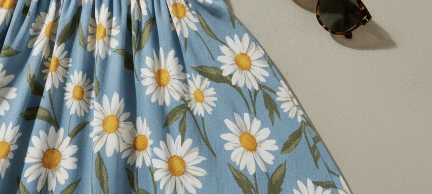 Robe d'été fleurie, chapeau de paille et lunettes posés sur fond clair - Amenzia