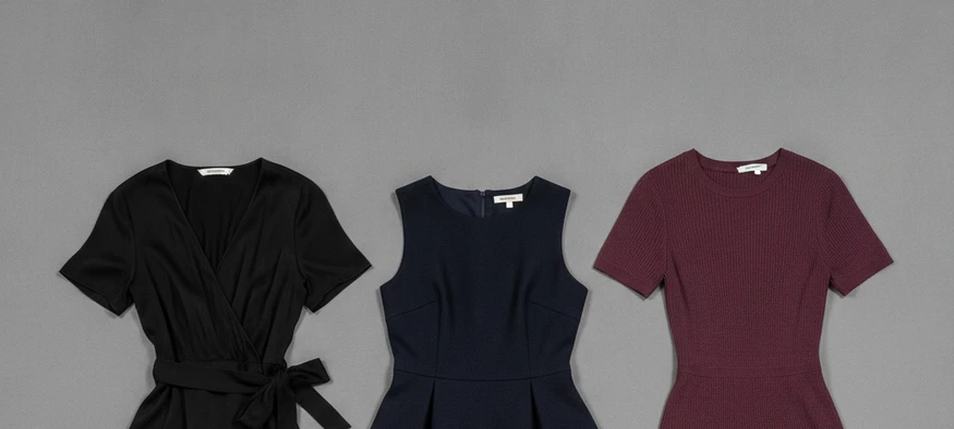Plusieurs robes féminines premium pour une robe pour travesti, posées sur fond gris - Amenzia
