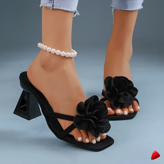 Sandale Travesti Fleurs Roses Talon Bloc Bout Carre — galerie