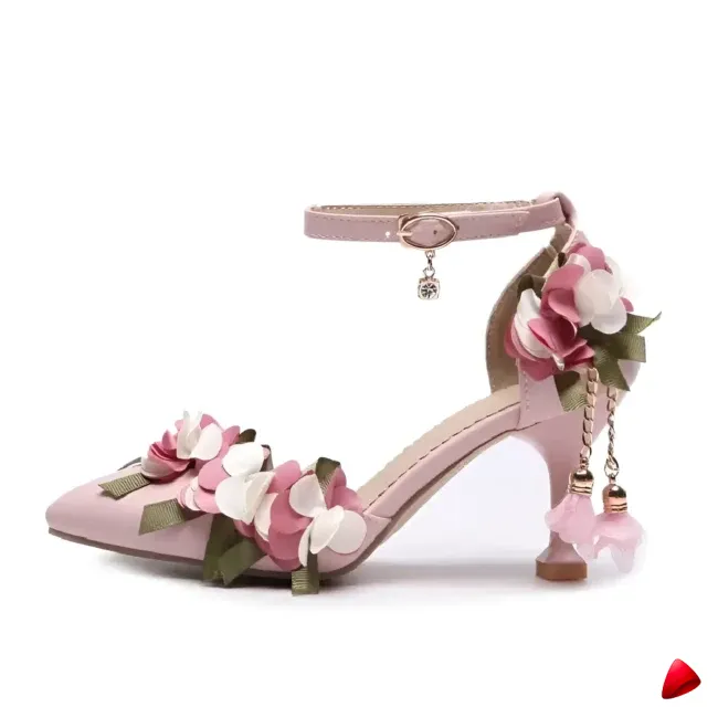 Sandale Travesti Princesse Fleurs Perles Talon Mi-Haut Grande Pointure - galerie
