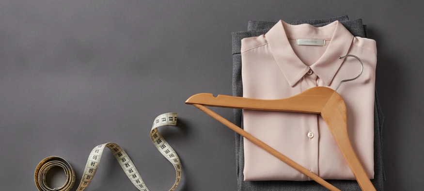 Mètre ruban et vêtements féminins pour choisir sa taille travesti, sur fond gris - Amenzia