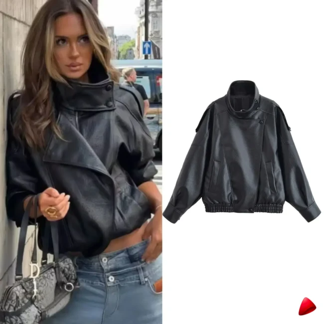Veste Cuir Travesti Biker Stand Collar Faux Pebble — galerie