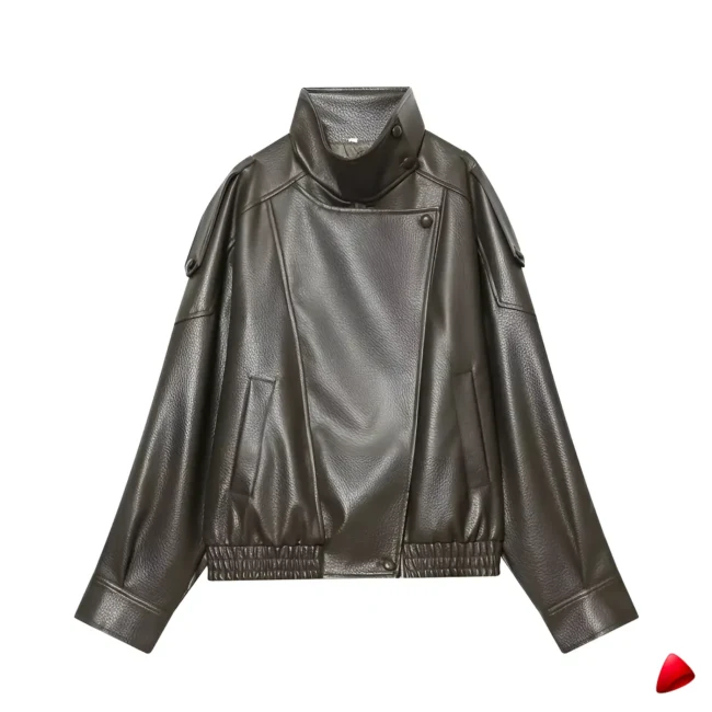 Veste Cuir Travesti Biker Stand Collar Faux Pebble — galerie