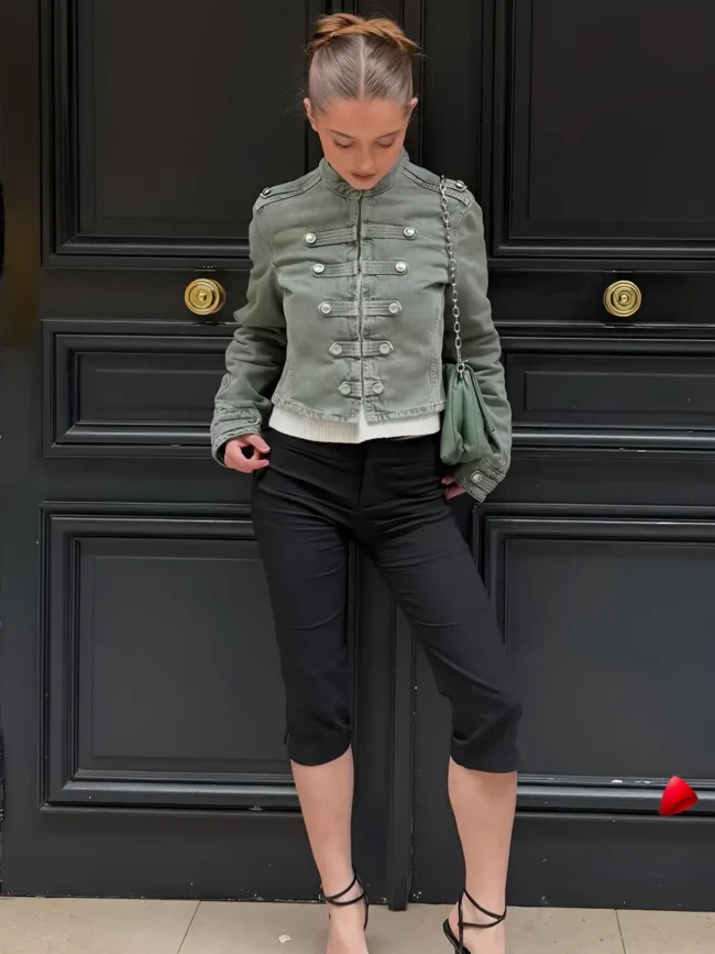 Veste Denim Travesti Militaire Boutons Cropped — galerie