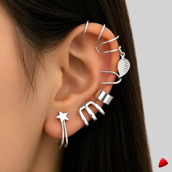 Ensemble Boucles Oreilles Travesti 6pcs Argent Feuille Etoile — image principale