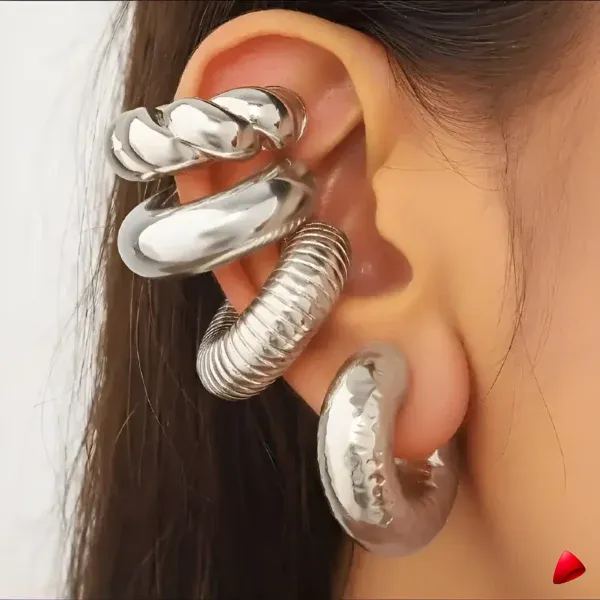 Ensemble Boucles Oreilles Travesti Manchettes 4pcs Argent Gouttes — galerie