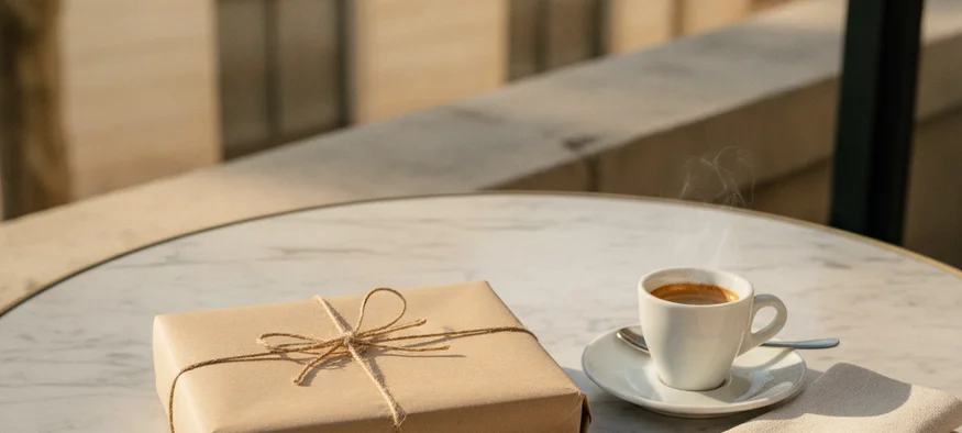 Colis neutre Amenzia livré à Montpellier sur une table de café face à une façade en pierre