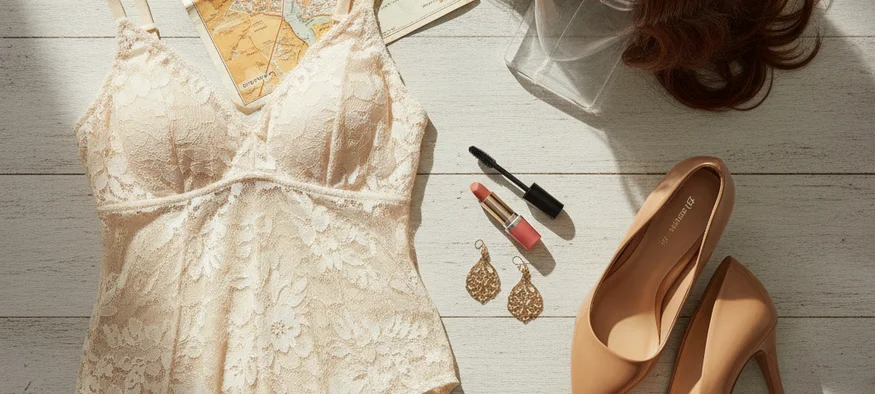 Garde-robe travesti pour Montpellier : escarpins, perruque, lingerie et gaff de natation sur coiffeuse
