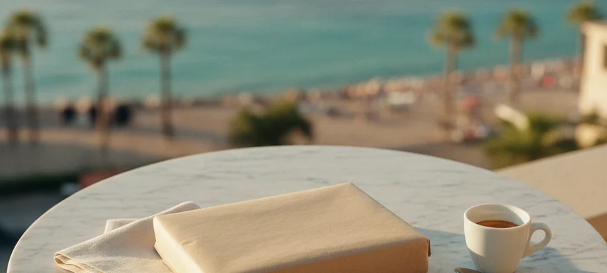 Colis neutre Amenzia livré à Nice sur une table de café face à la baie des Anges