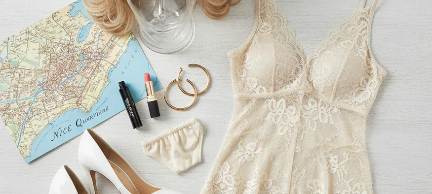 Garde-robe travesti pour Nice : escarpins, perruque, lingerie et gaff de natation sur coiffeuse