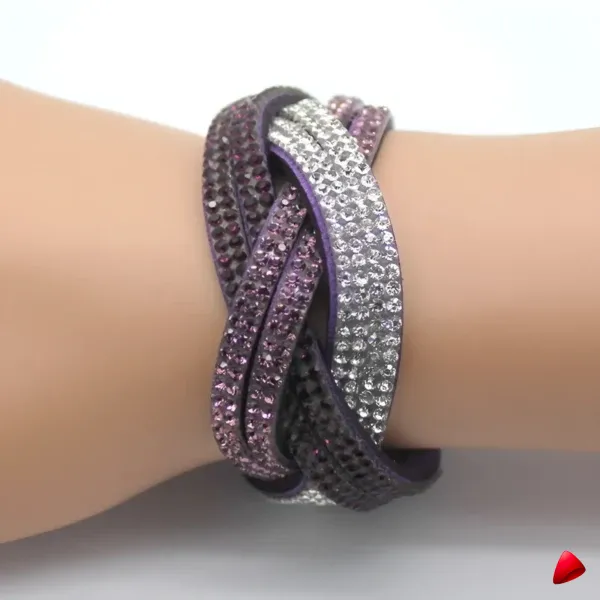 Bracelet Travesti Cuir Wrap Strass Cristal Argent — galerie