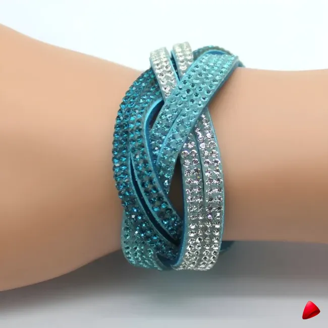 Bracelet Travesti Cuir Wrap Strass Cristal Argent — galerie