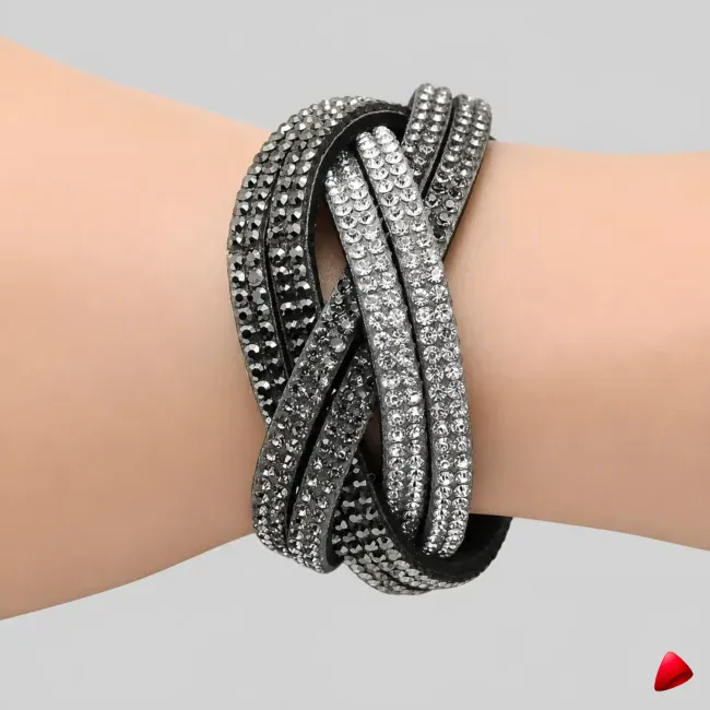 Bracelet Travesti Cuir Wrap Strass Cristal Argent — image principale