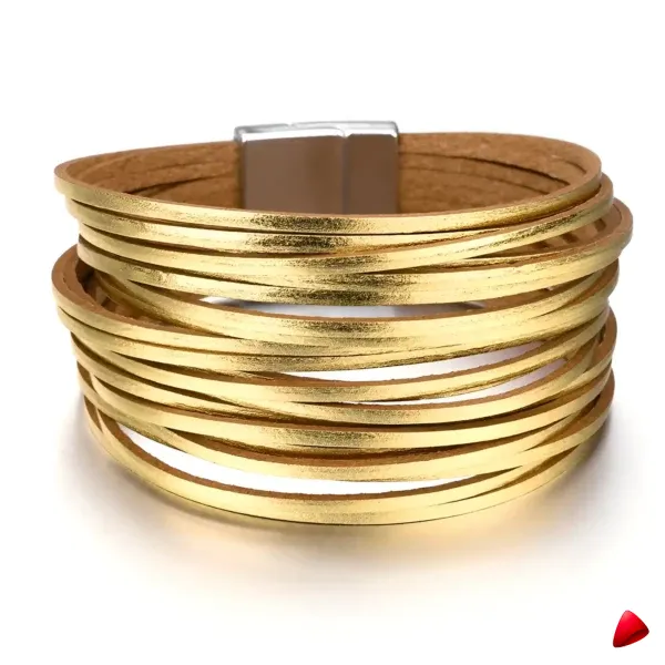 Bracelet Travesti Cuir Wrap Multicouches Magnetique Or — galerie