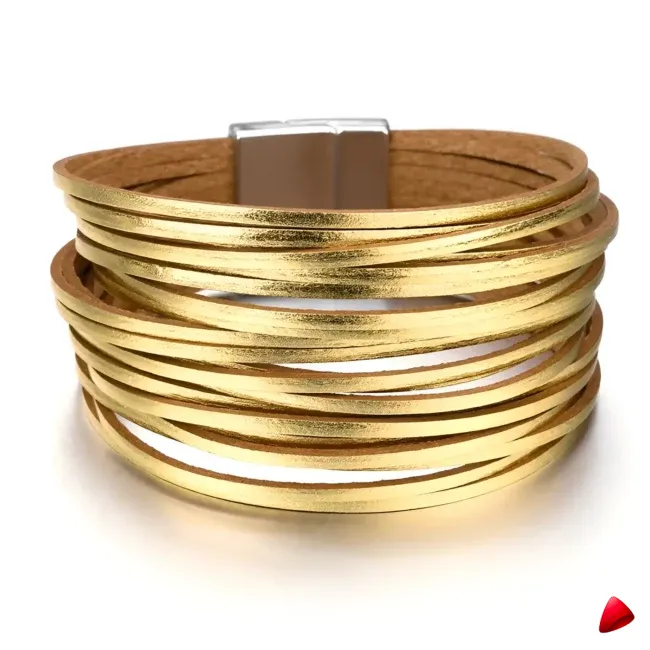 Bracelet Travesti Cuir Wrap Multicouches Magnetique Or — galerie