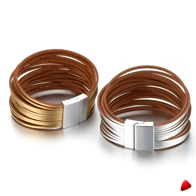 Bracelet Travesti Cuir Wrap Multicouches Magnetique Or — galerie