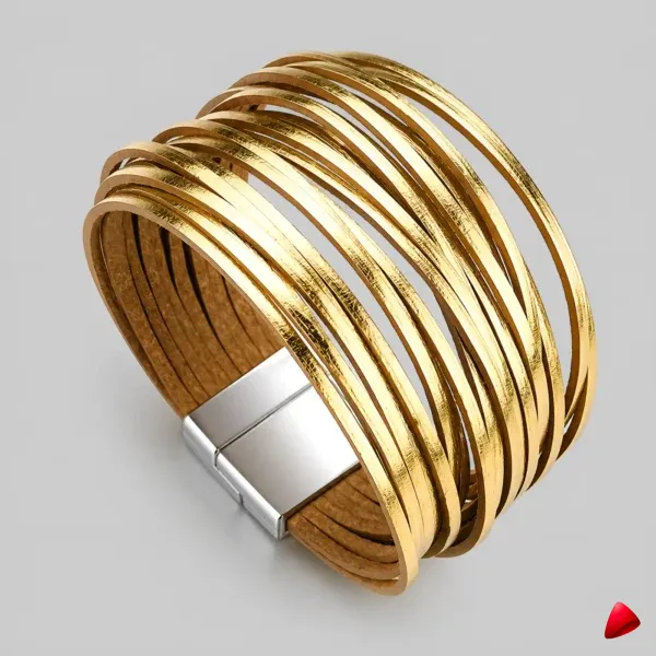 Bracelet Travesti Cuir Wrap Multicouches Magnetique Or — image principale