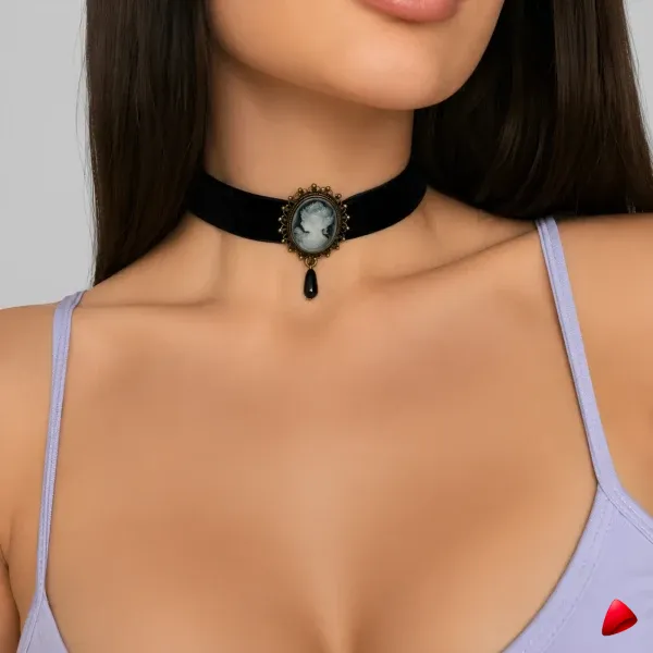 Collier Travesti Cuir Cameo Vintage Dentelle Victorien — image principale