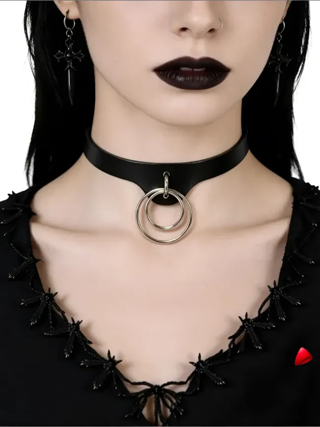 Collier Travesti Cuir Anneau Metal Rebelle Punk Harajuku — galerie