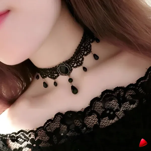 Collier Travesti Sautoirs Gothique Dentelle Cristal Noir — galerie