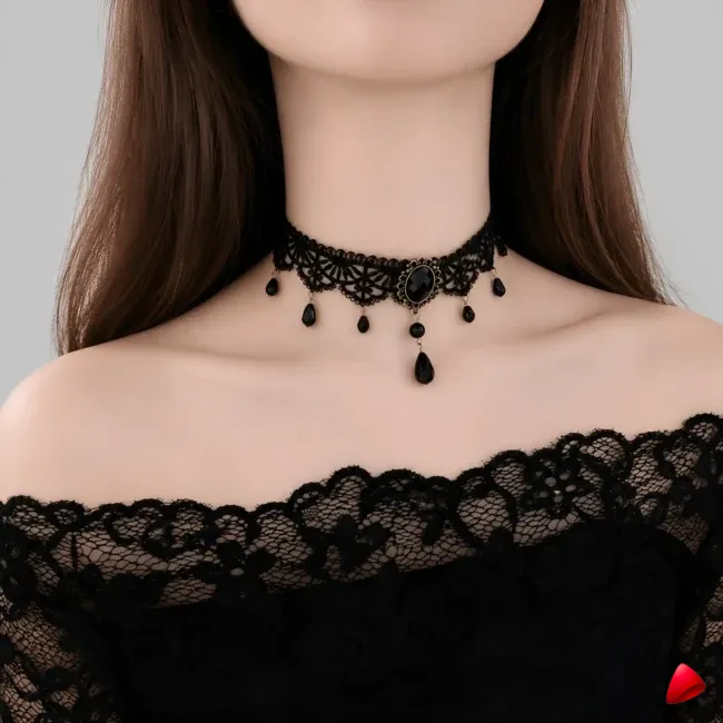 Collier Travesti Sautoirs Gothique Dentelle Cristal Noir — image principale