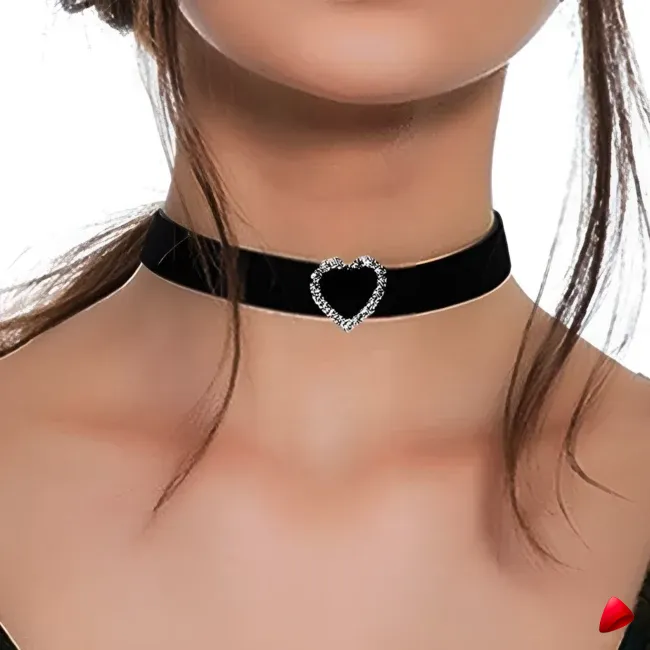 Collier Travesti Ras du Cou Velours Coeur Cristal Noir — galerie