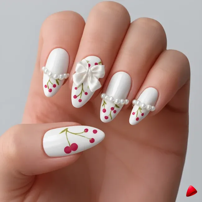 Faux Ongles Travesti Blanc Cerises Perles, image principale