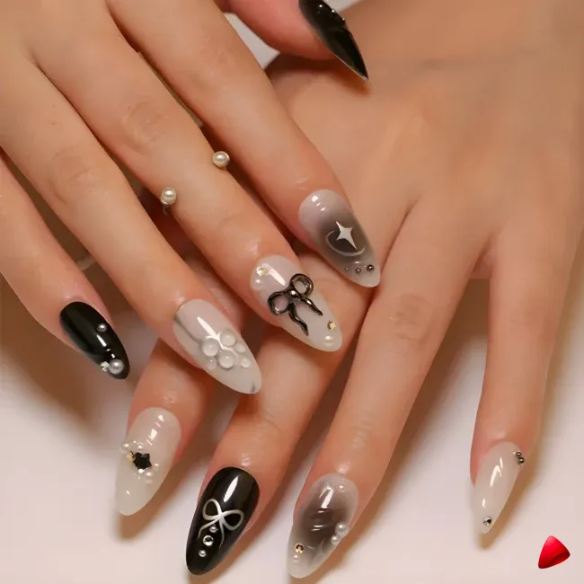 Faux Ongles Travesti Noir Nude Perles Étoiles, vue galerie