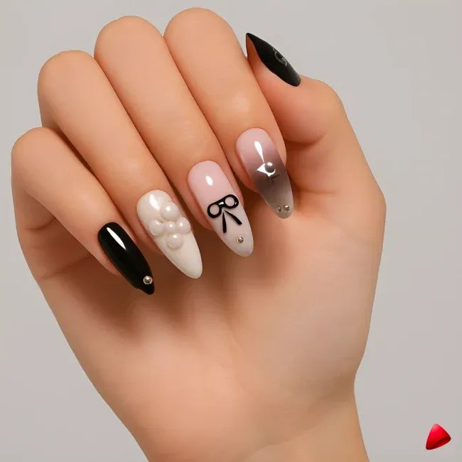 Faux Ongles Travesti Noir Nude Perles Étoiles, image principale