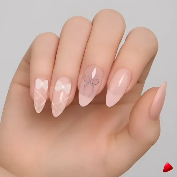 Faux Ongles Travesti Rose Poudré Rubans Dessinés, image principale