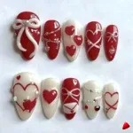 Faux Ongles Travesti Rouge Blanc Cœurs Nœuds, vue galerie