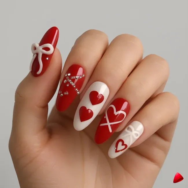 Faux Ongles Travesti Rouge Blanc Cœurs Nœuds, image principale