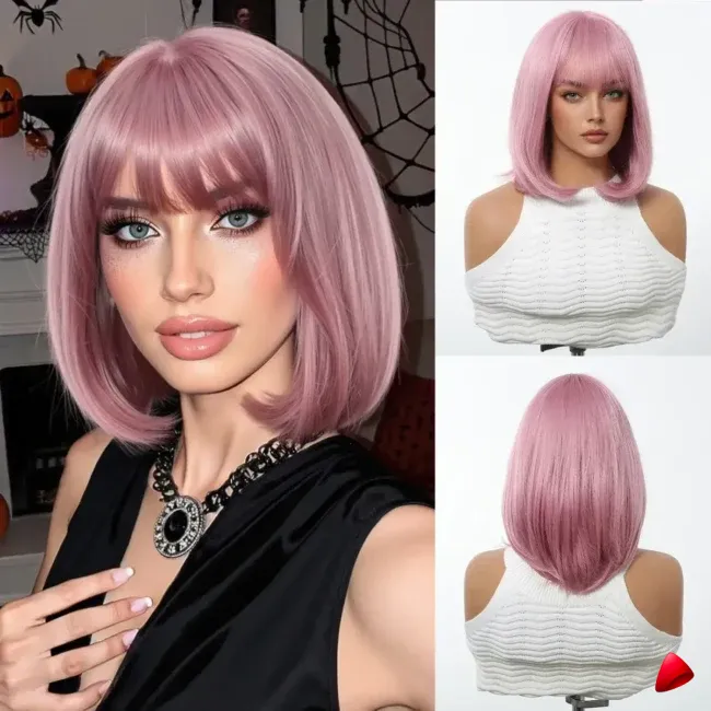 Perruque Travesti Rose Poudré Carré Lisse Frange, vue galerie